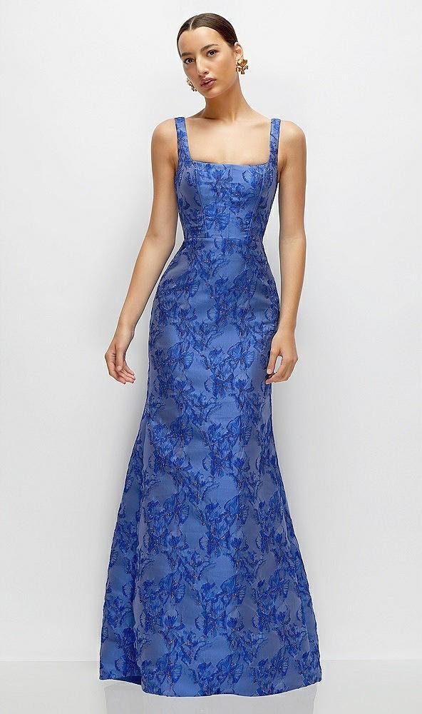 cobalt blue floral metallic jacquard square neck maxi dress with trumpet skirt