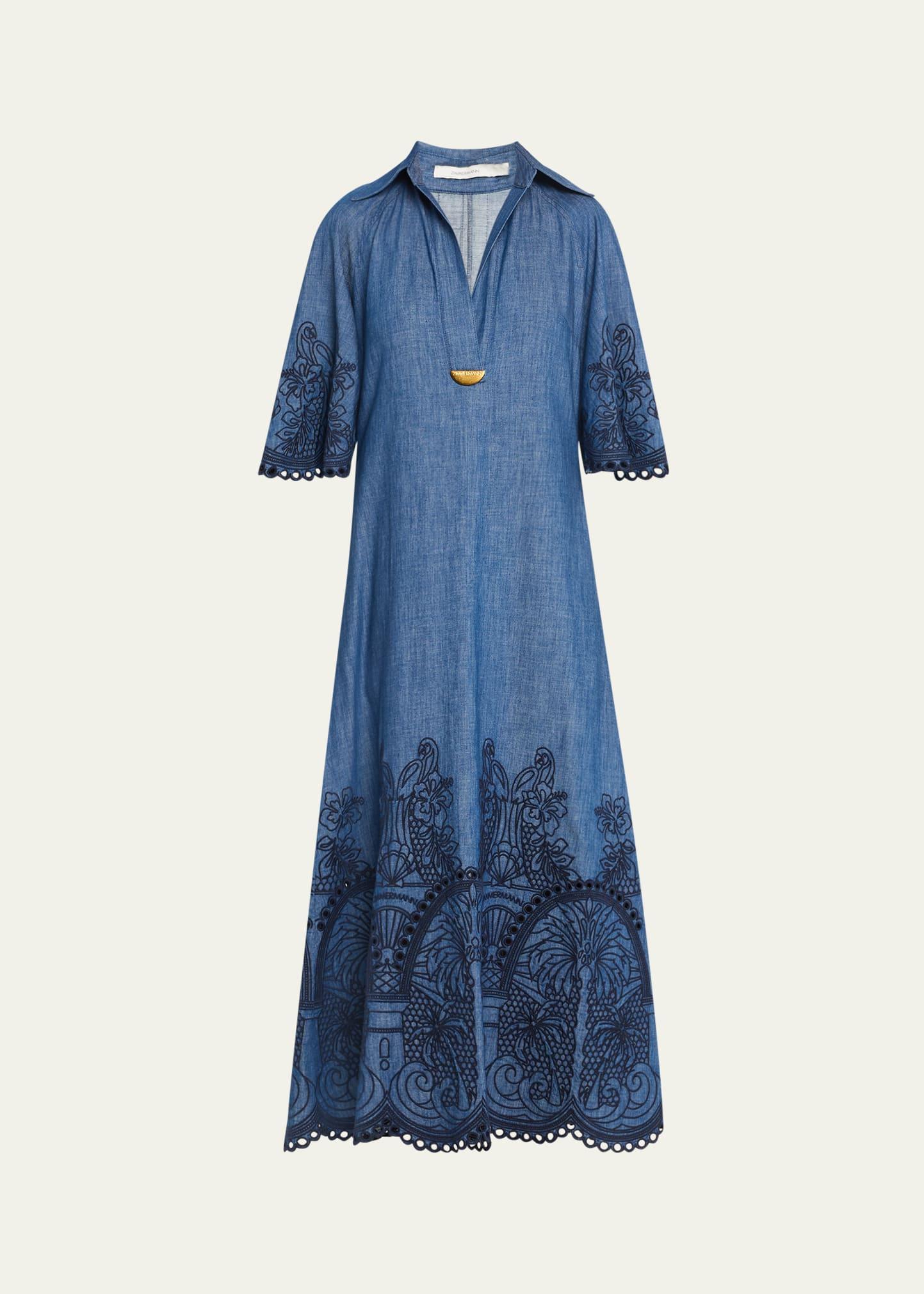 coco embroidered denim maxi dress