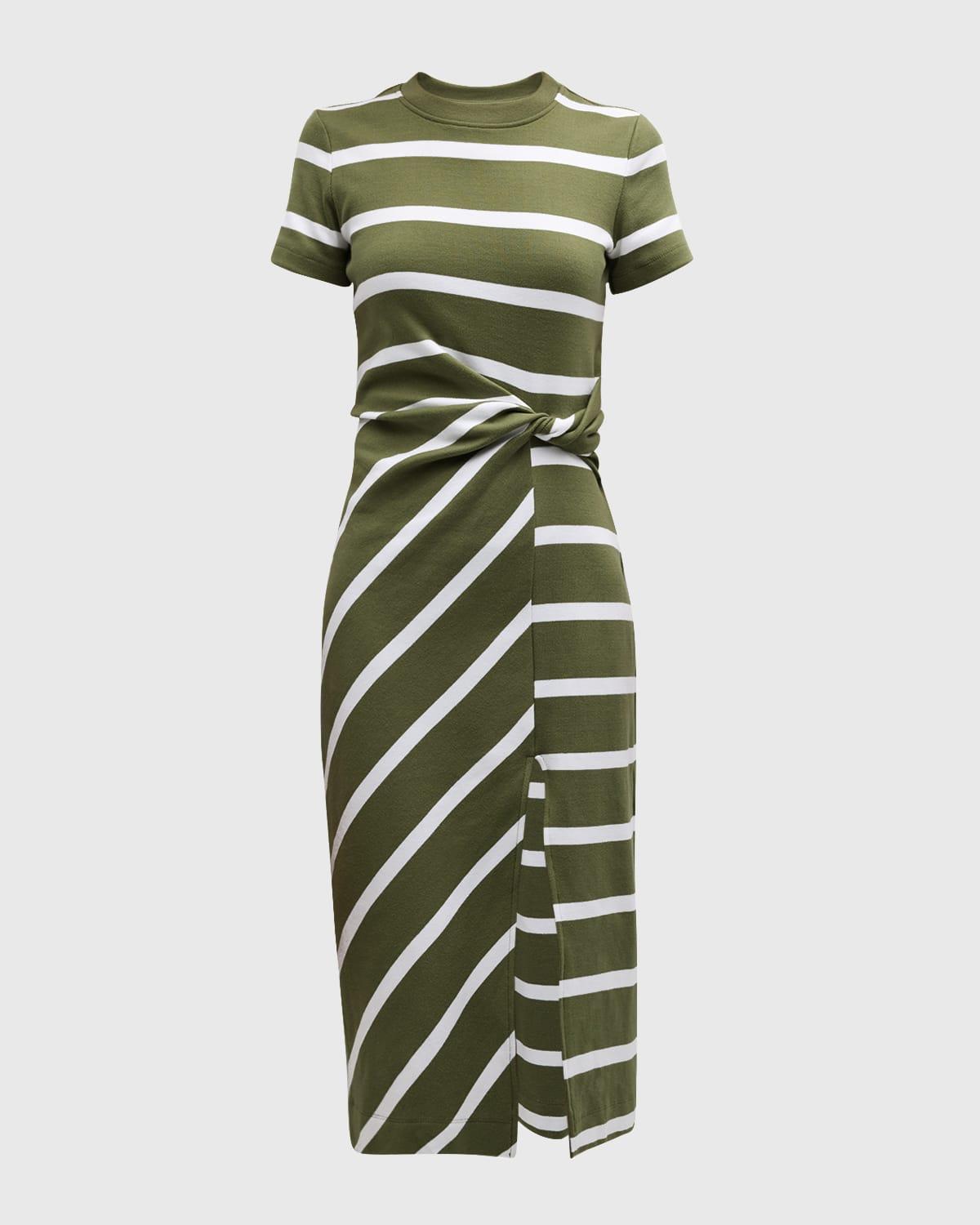 cody twisted-waist short-sleeve striped midi dress