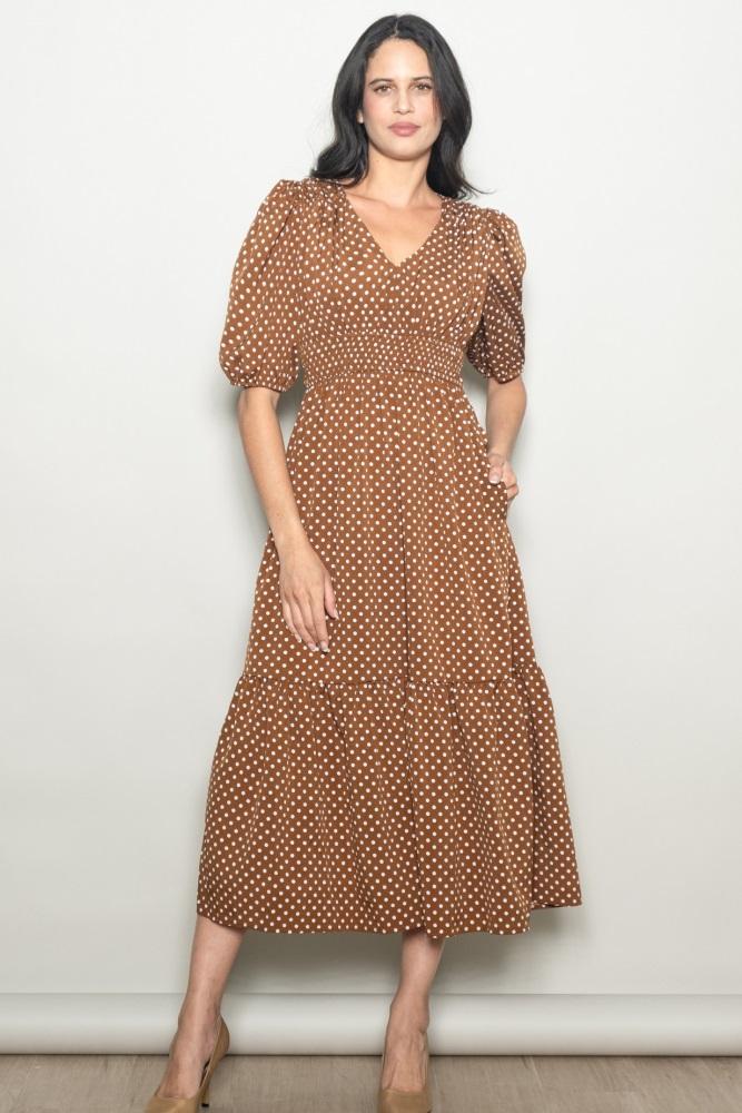coffee polka dots v neck flowy dress