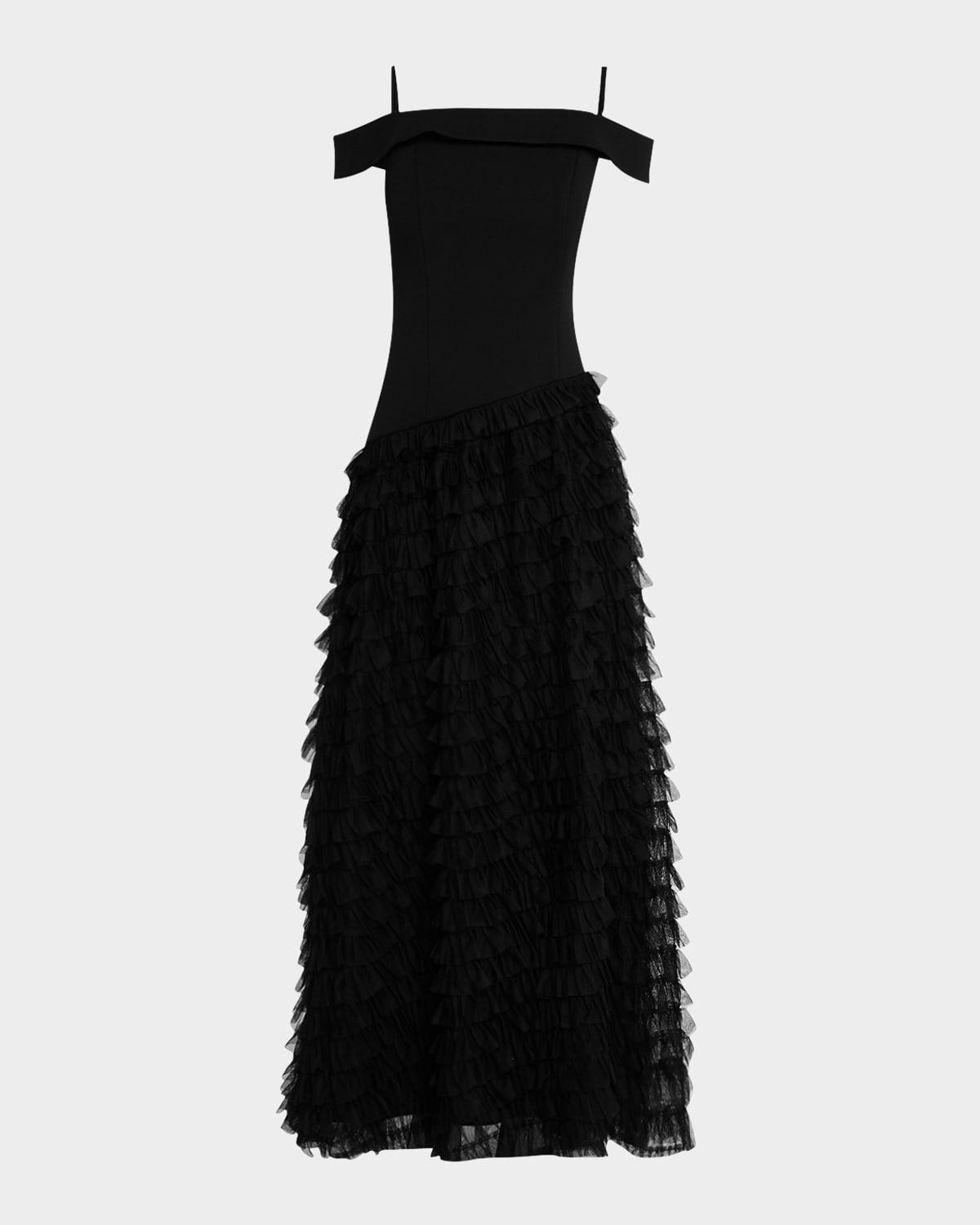 cold-shoulder ruffle tulle ballgown