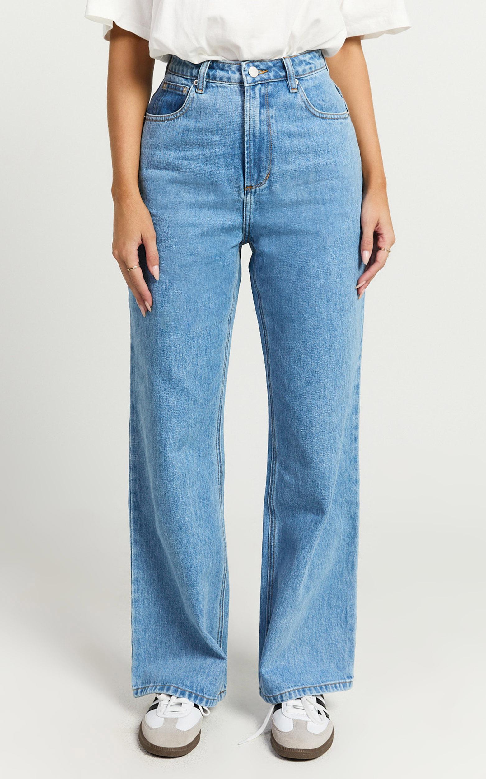cole jeans - high waist relaxed wide leg recycled denim jeans in mid blue wash