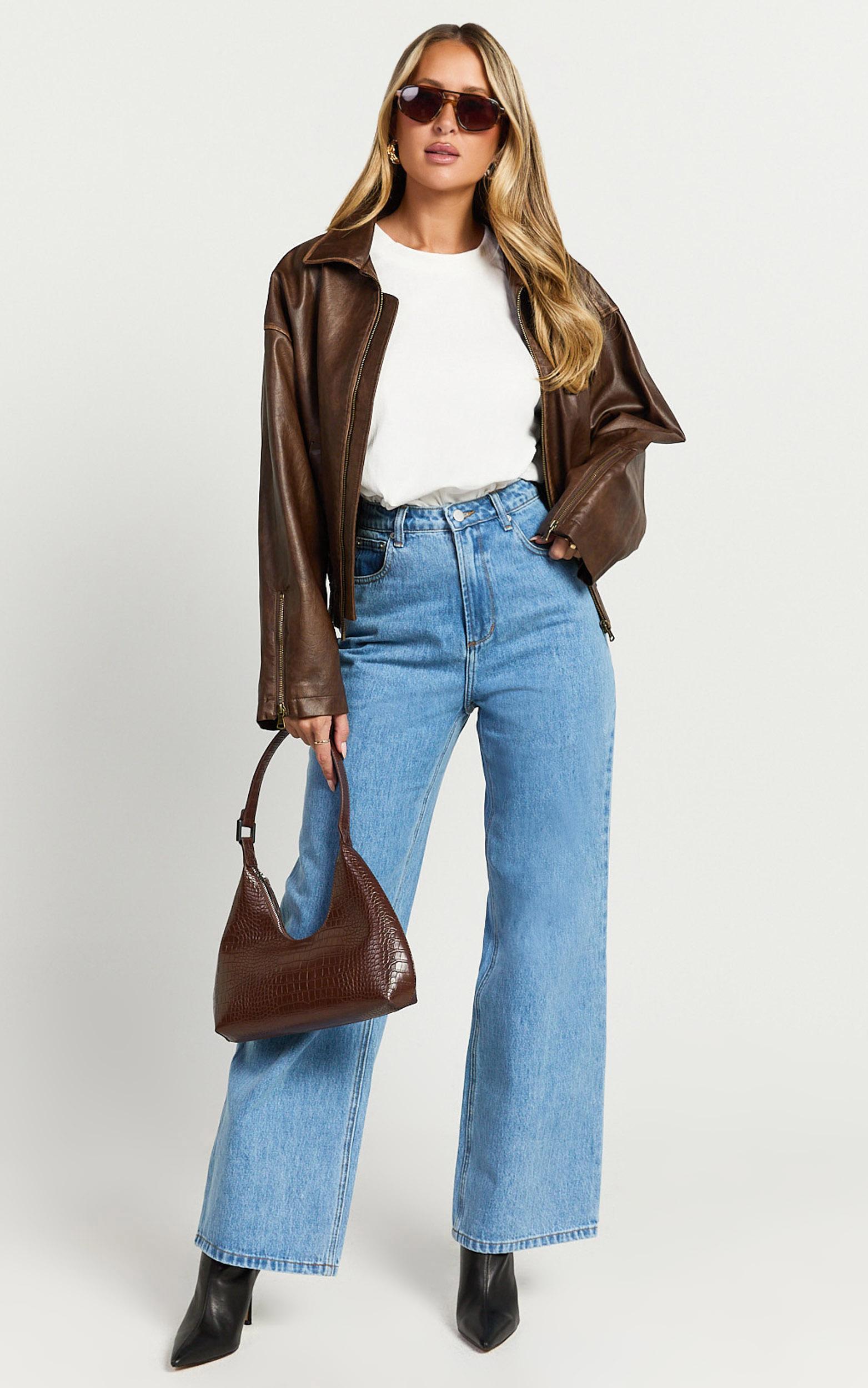 cole jeans - high waist relaxed wide leg recycled denim jeans in mid blue wash