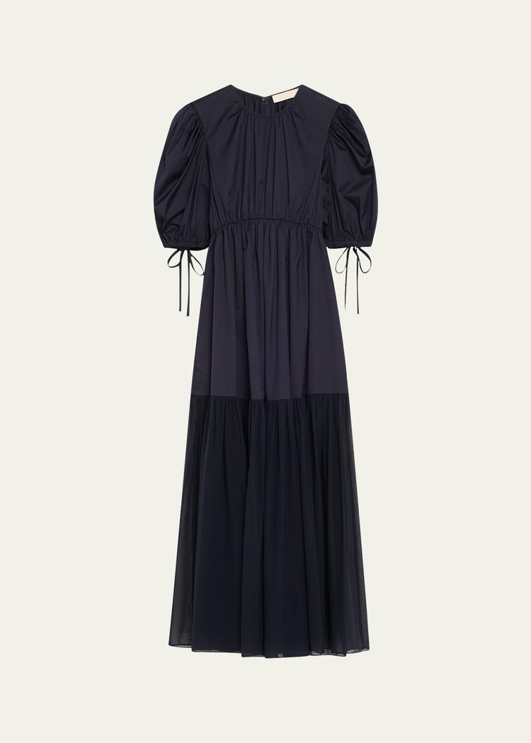collage puff-sleeve midi dress