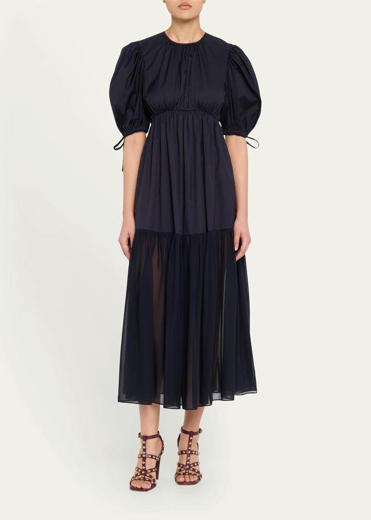 collage puff-sleeve midi dress