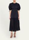 collage puff-sleeve midi dress