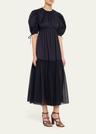 collage puff-sleeve midi dress