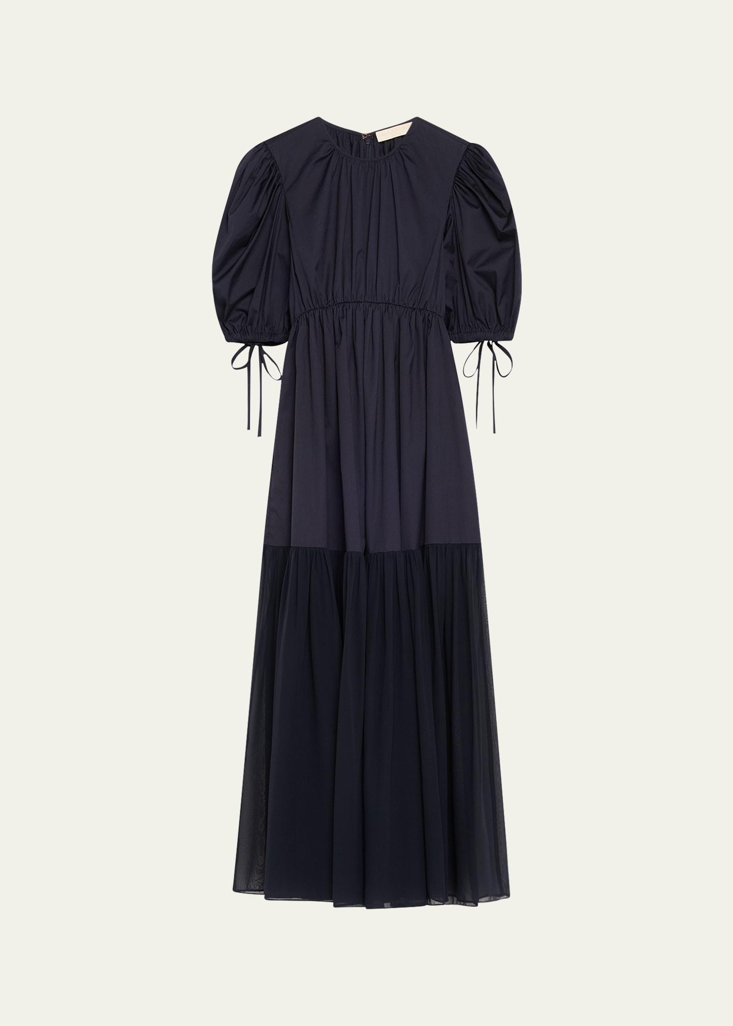 collage puff-sleeve midi dress