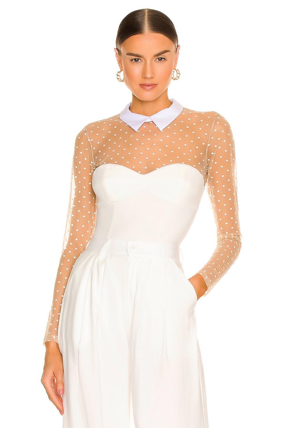 collared bodysuit with dotted tulle