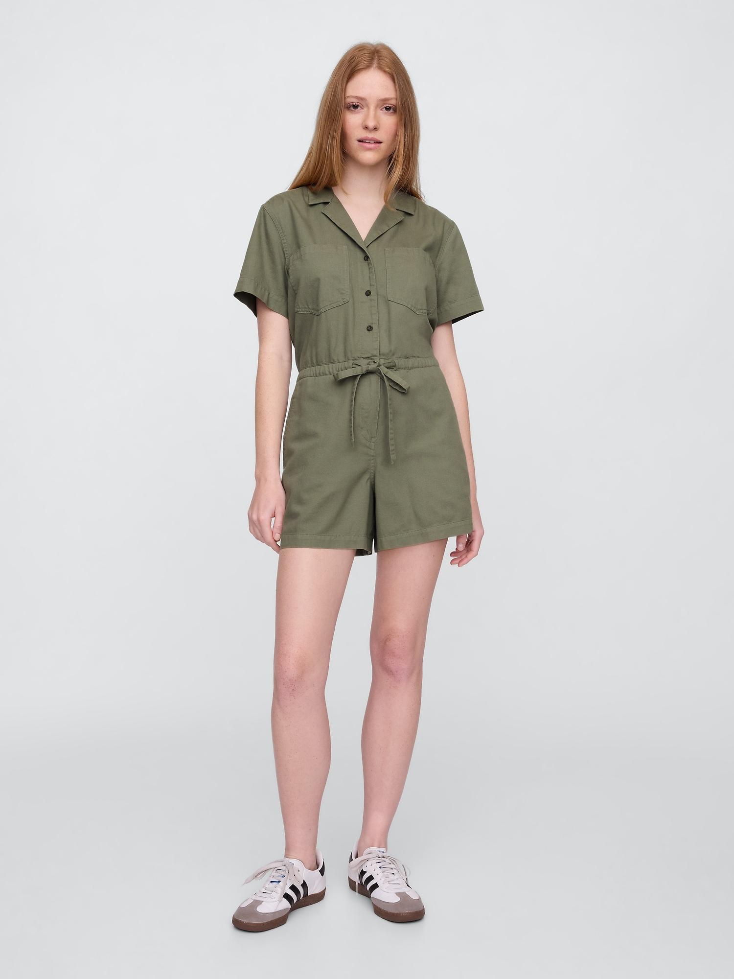 collared denim romper