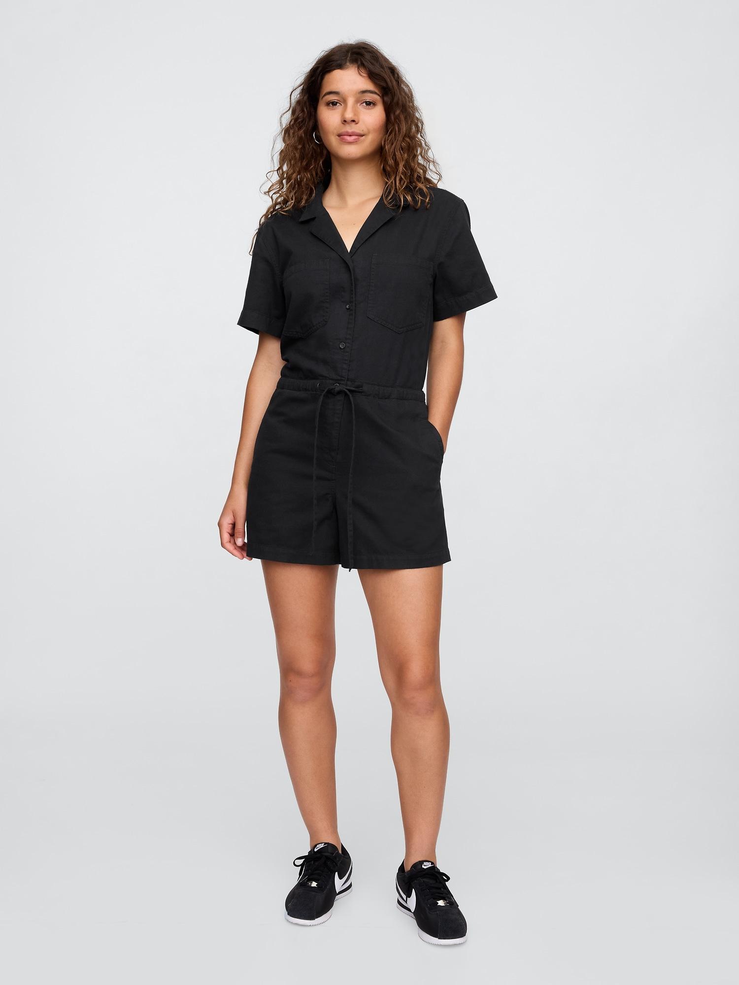collared denim romper