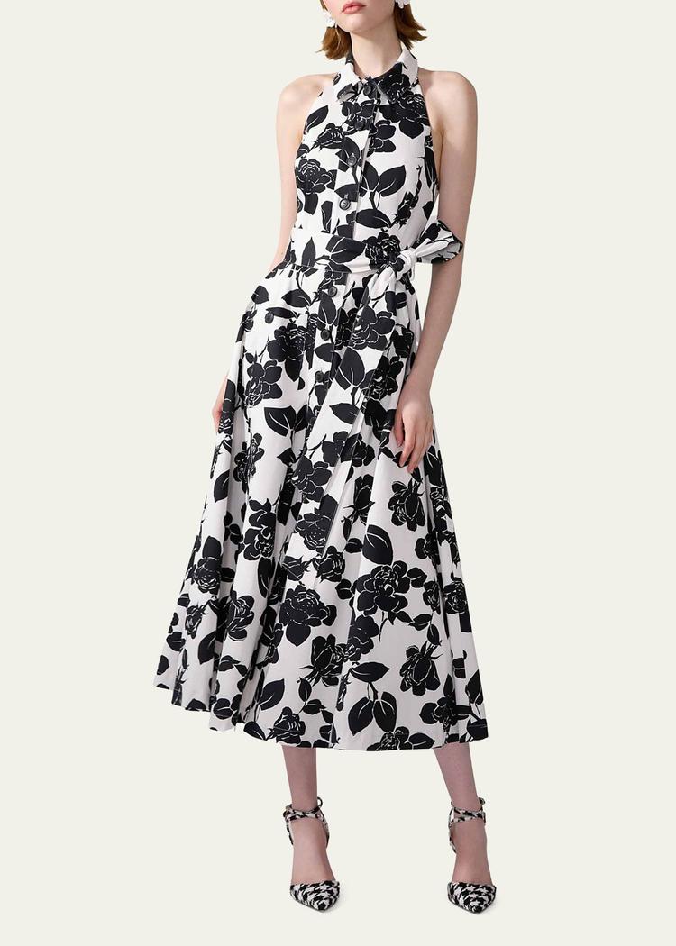 collared halter button-front midi dress
