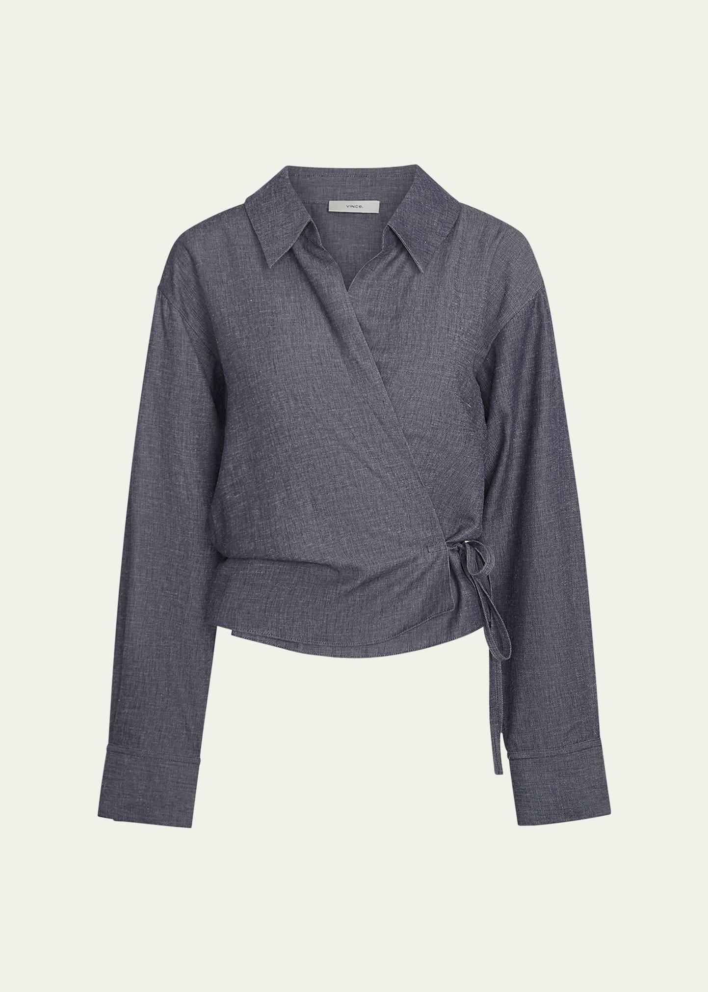 collared linen-blend wrap top