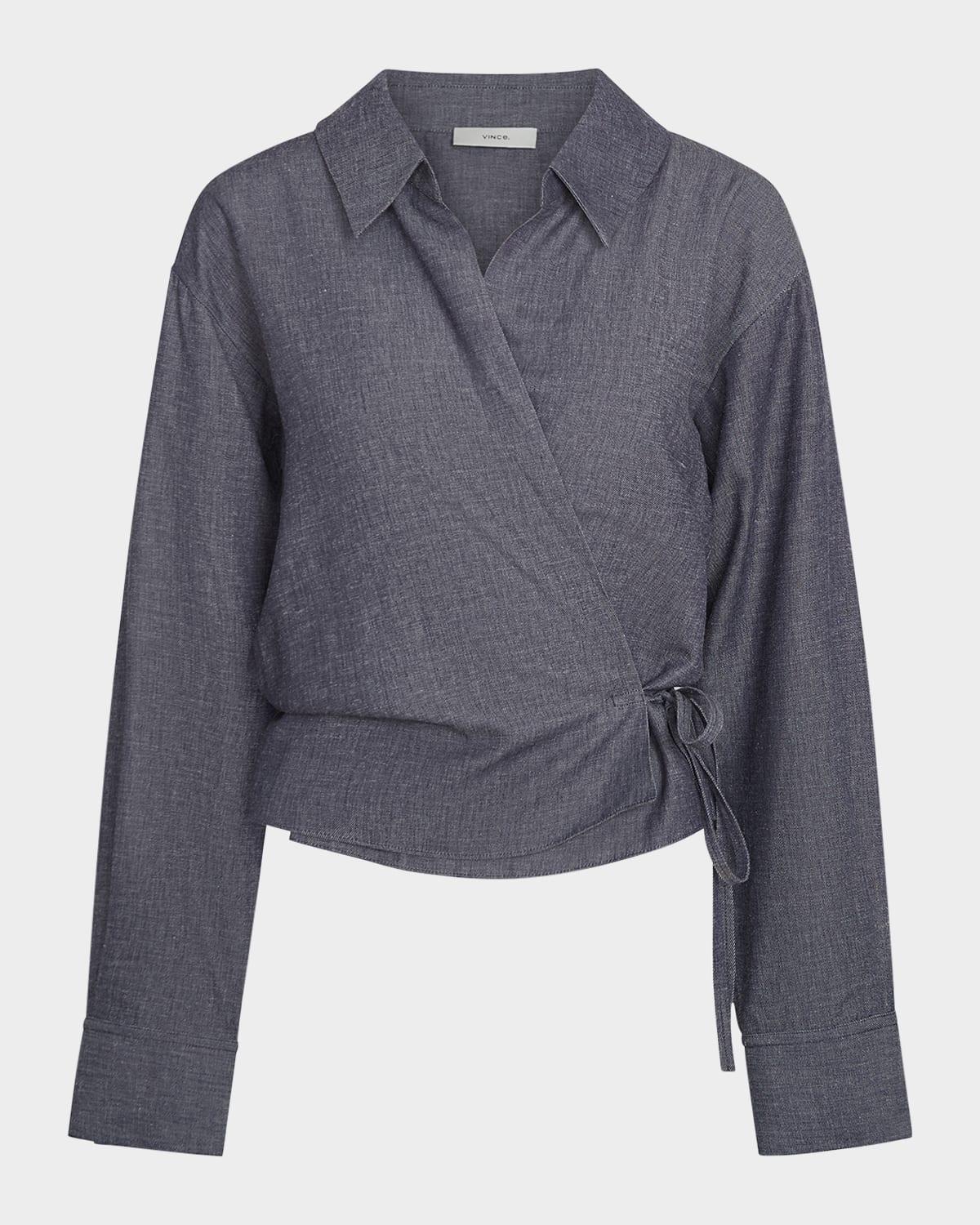 collared linen-blend wrap top