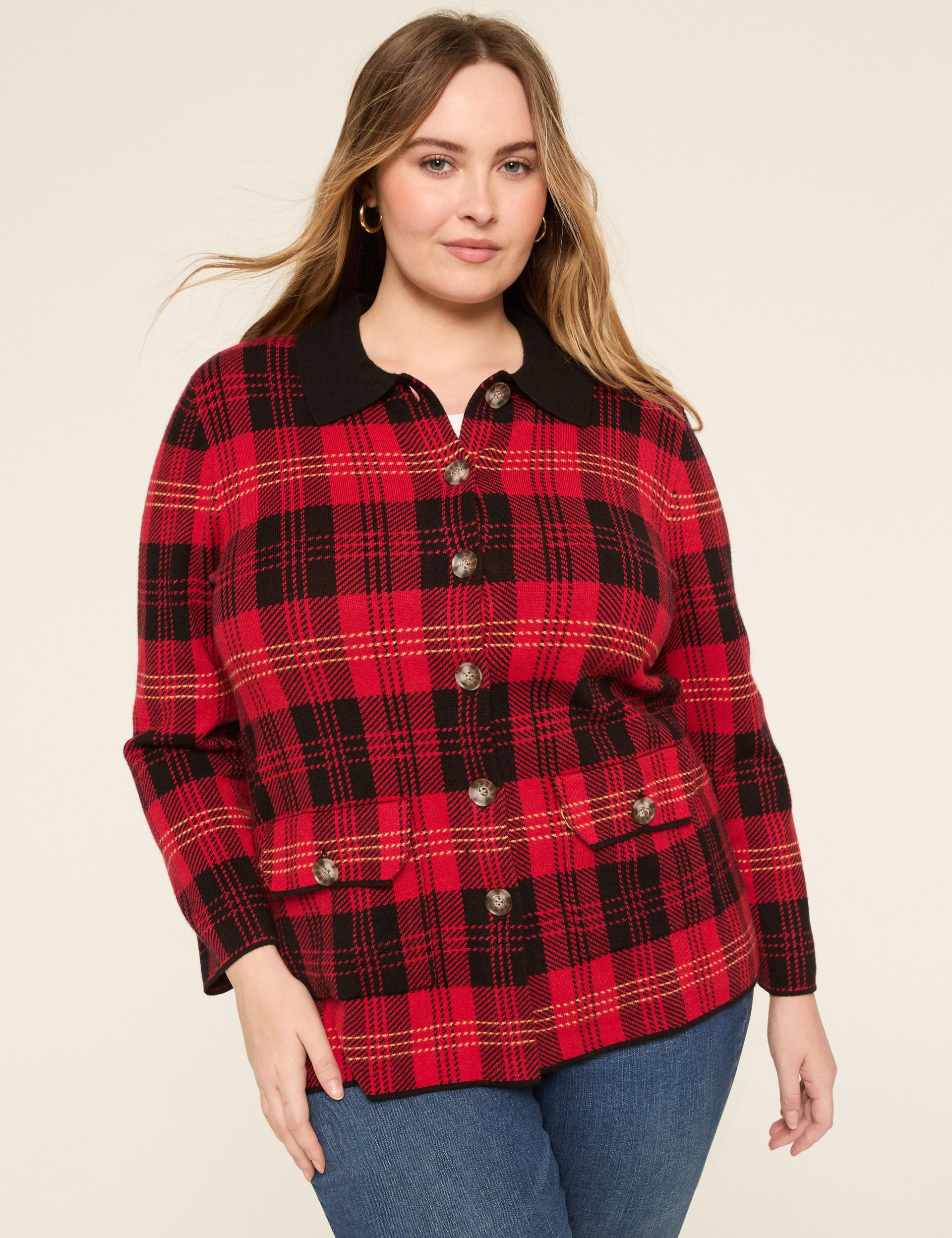 collared plaid button-front cardigan