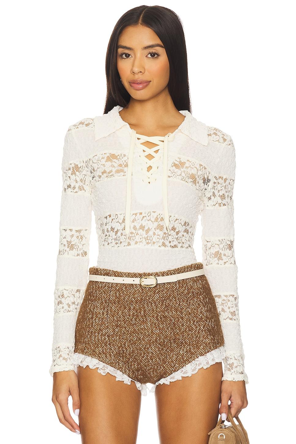 collared stripe lace polo top