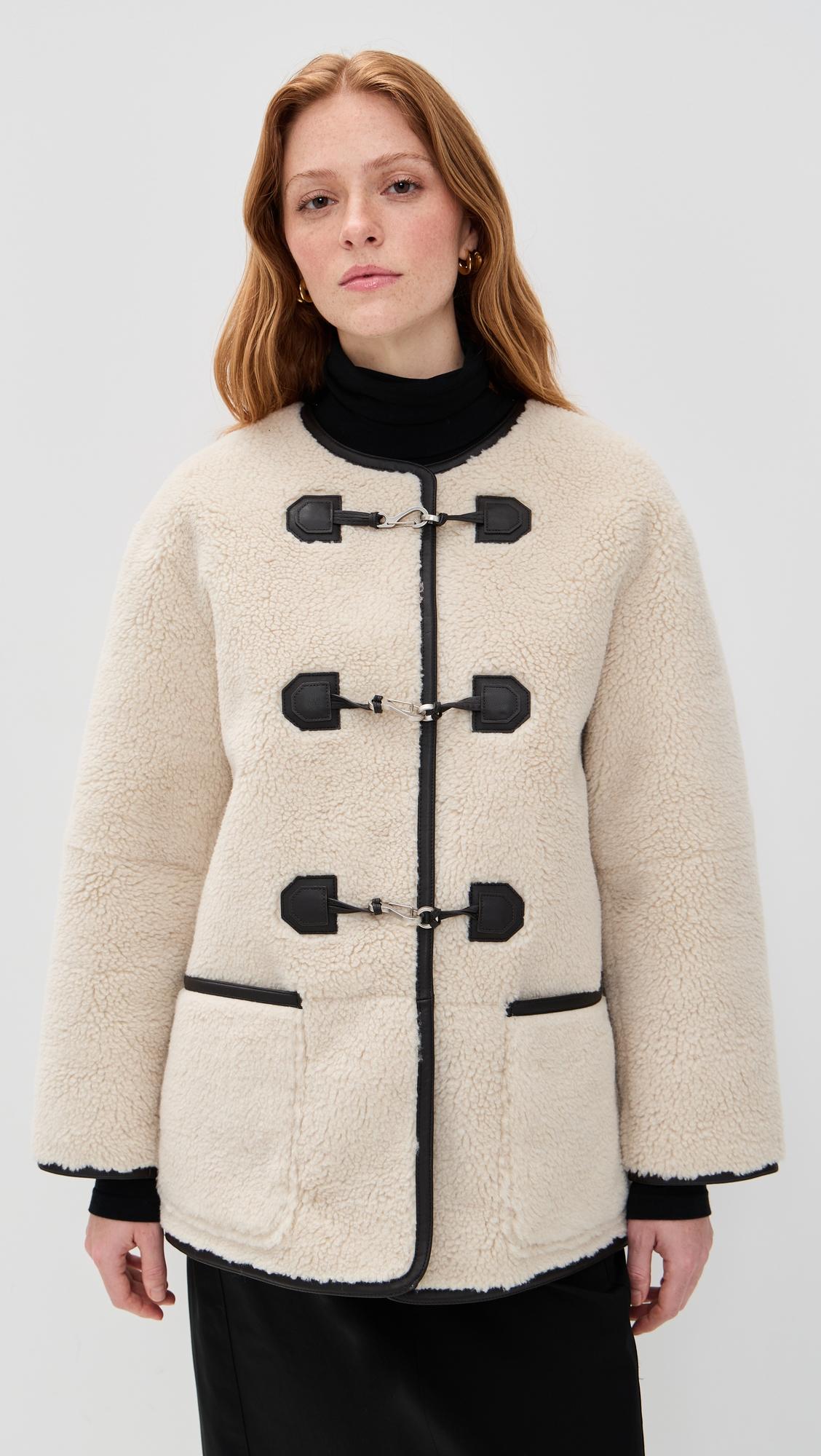 collarless buckled shearling jacket