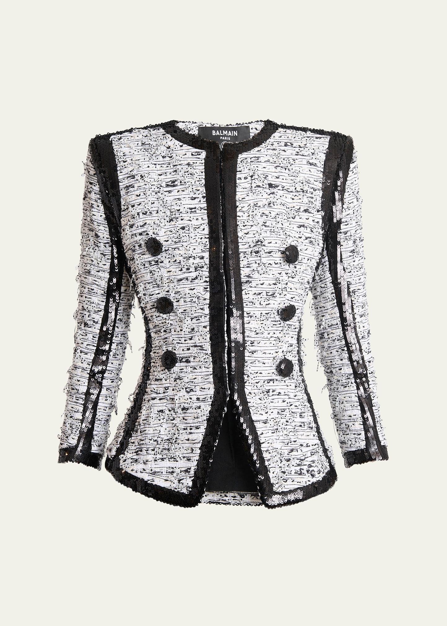 collarless raw-edge sequined blazer
