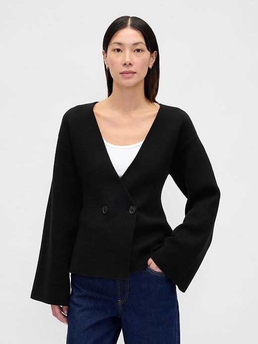 collarless v-neck sweater blazer