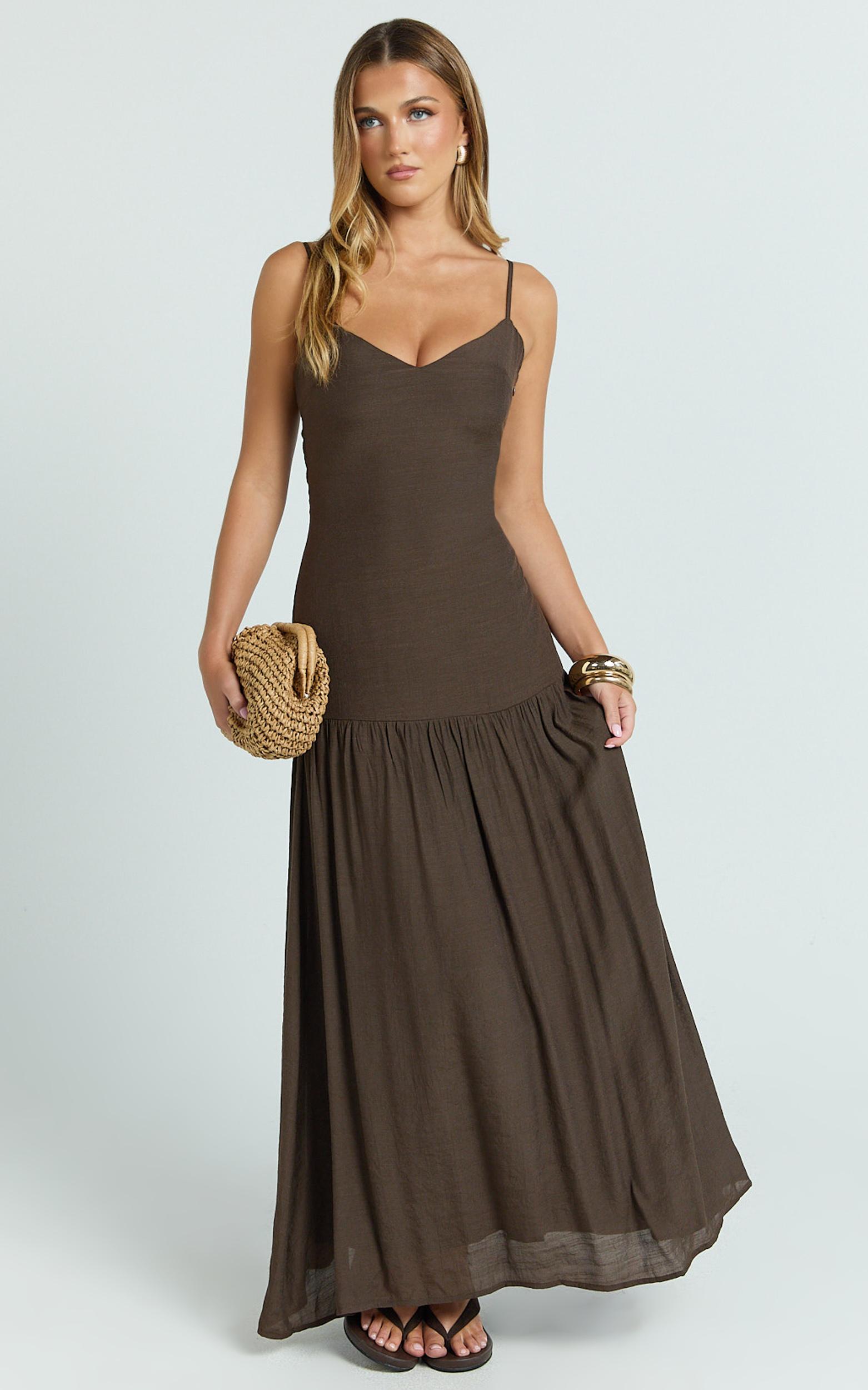 collins maxi dress - v neck dropped waist gathered maxi dress in chocolate