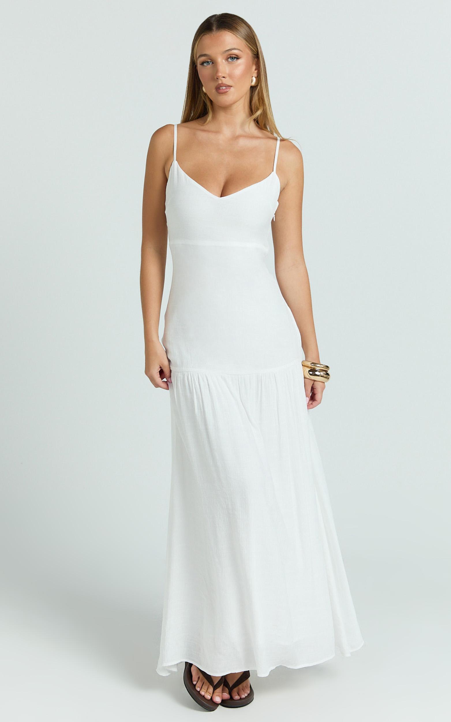 collins maxi dress - v neck dropped waist gathered maxi dress in off white