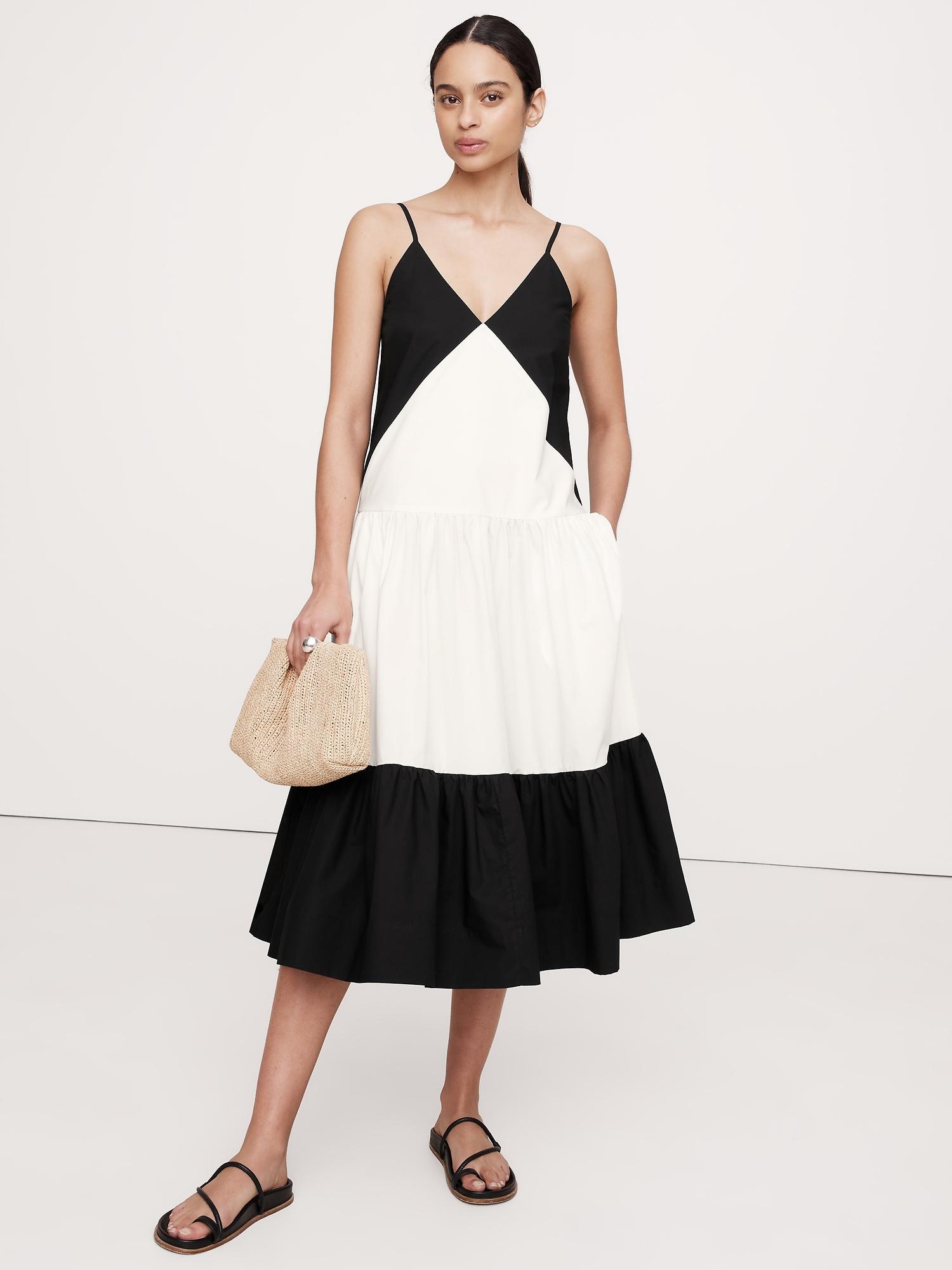 color-block poplin tiered midi dress