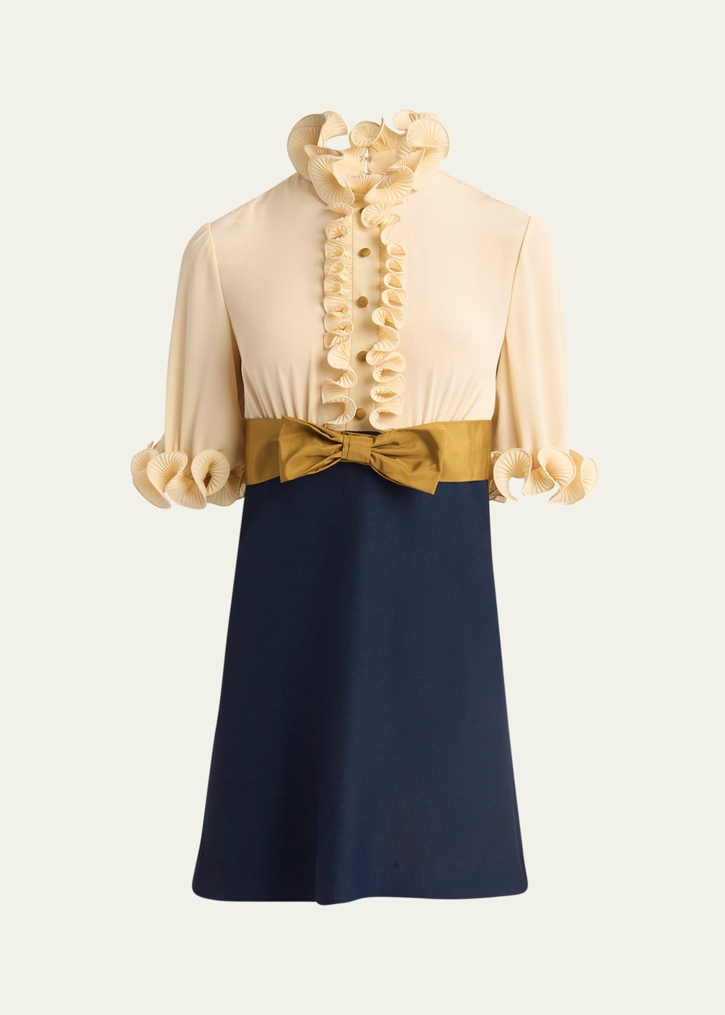colorblock high neck ruffle mini dress with bow detail