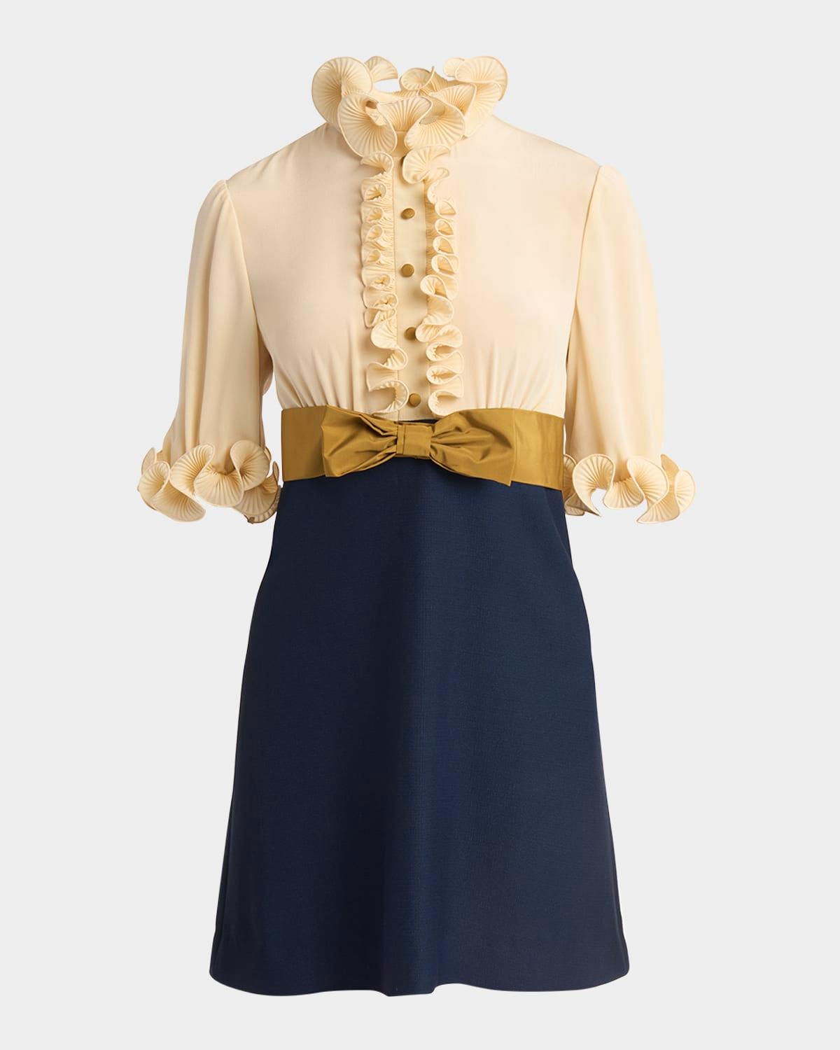 colorblock high neck ruffle mini dress with bow detail