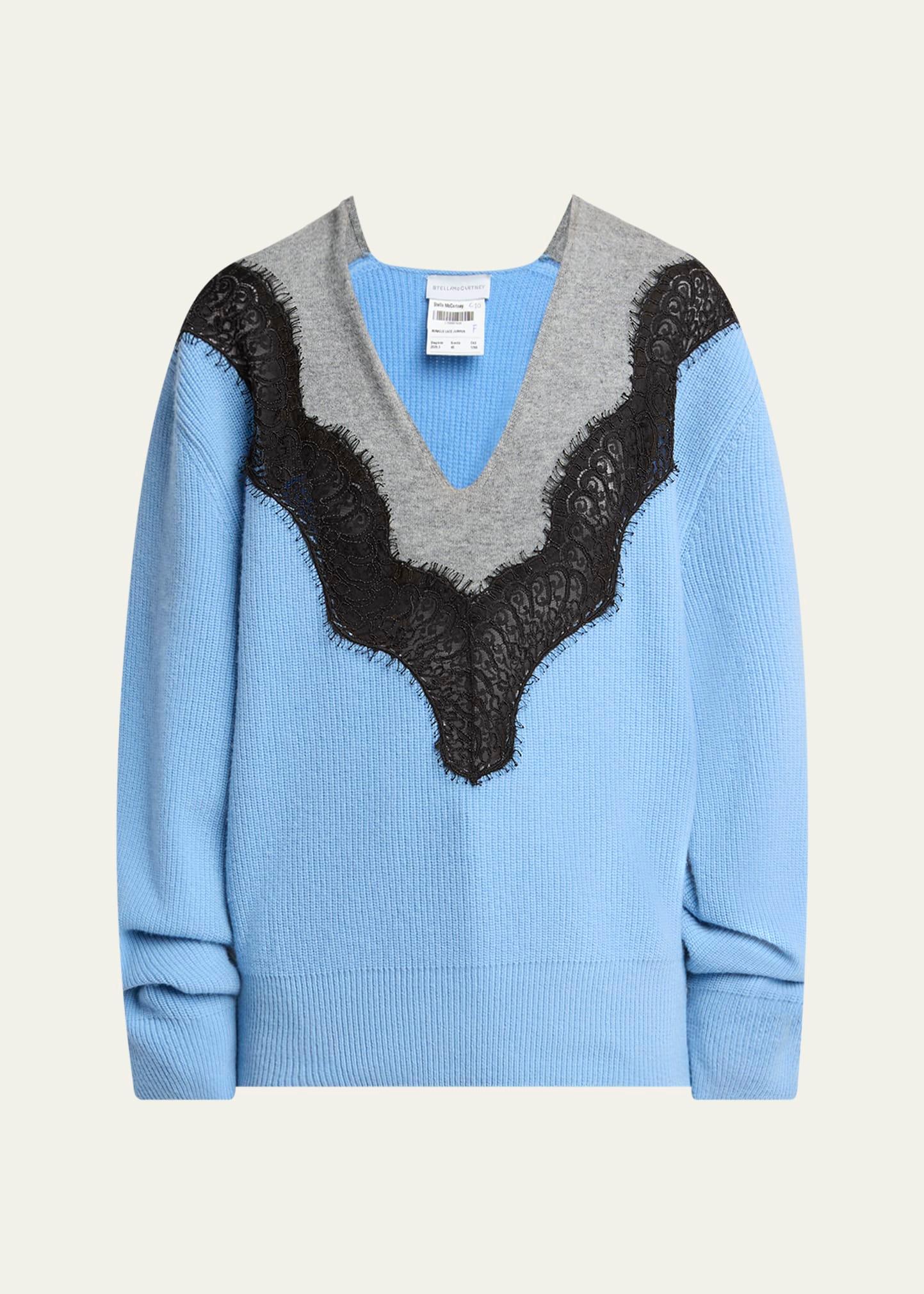 colorblock lace insert v-neck ribbed wool sweater