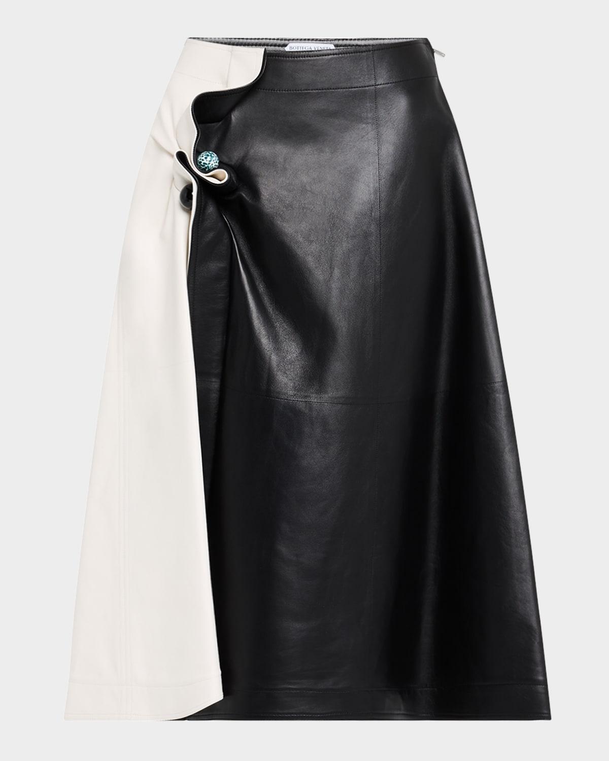 colorblock leather gathered midi skirt