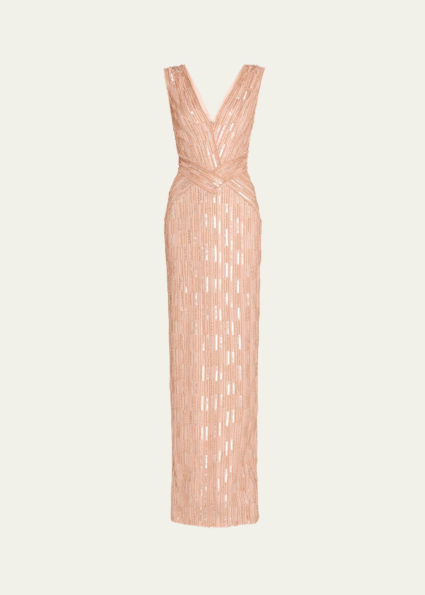 column bead sequined tulle gown