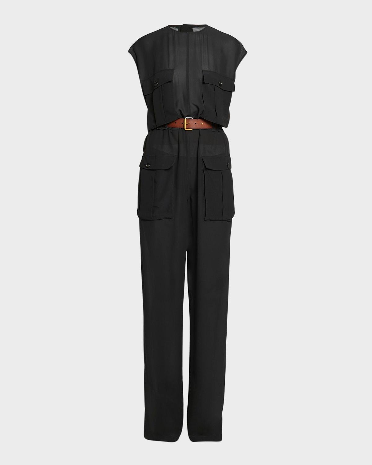 combinaison sleeveless belted silk chiffon utility jumpsuit