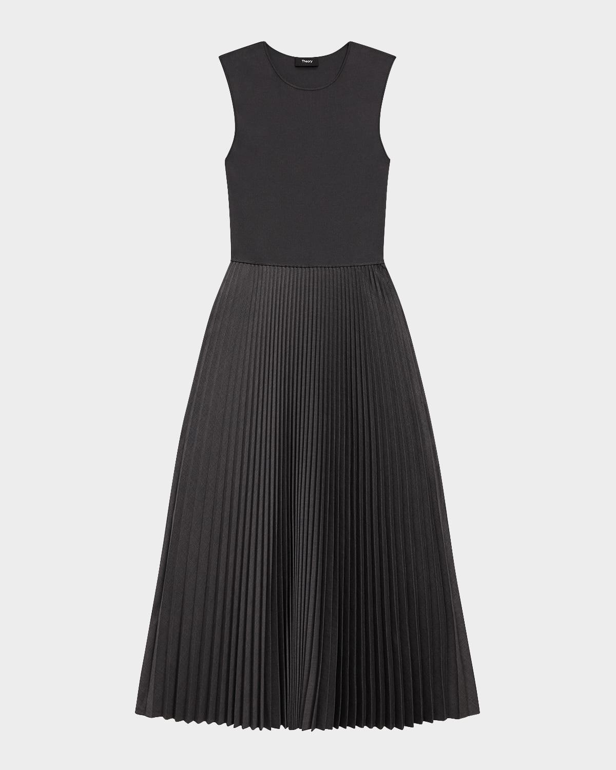 combo pleated wool suiting sleeveless midi dress