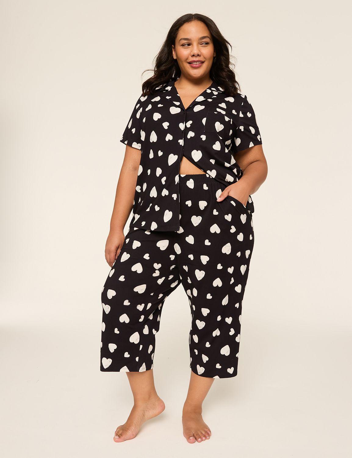 comfy cotton notch-collar shirt & crop pant pj set