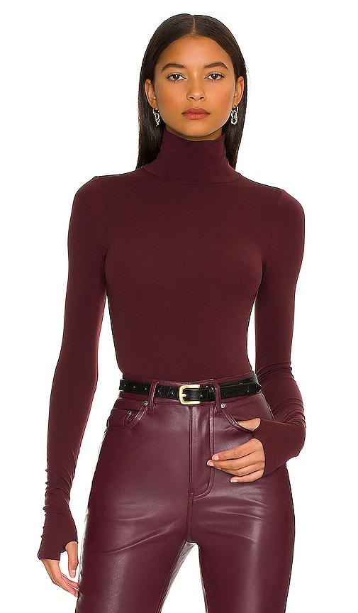 commando ballet turtleneck bodysuit with thumb holes in burgundy.