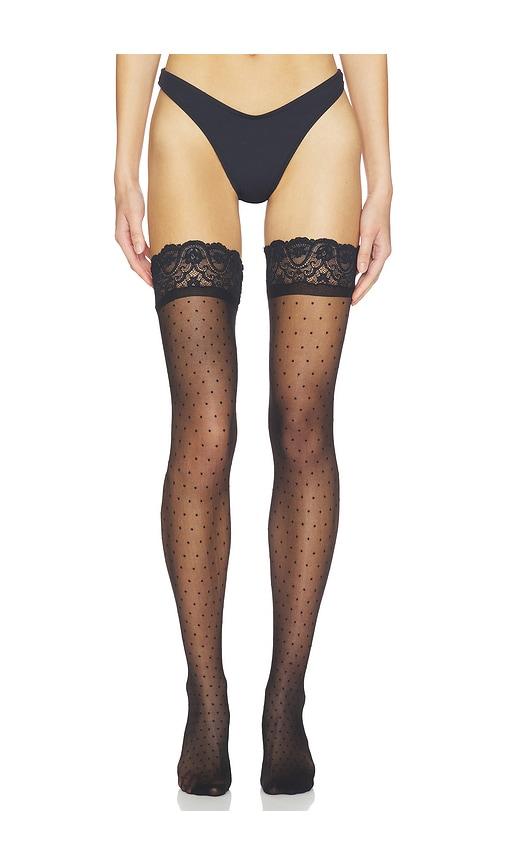 commando chic dot thigh high socks in black.