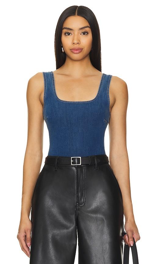 commando do it all denim squareneck bodysuit in blue.