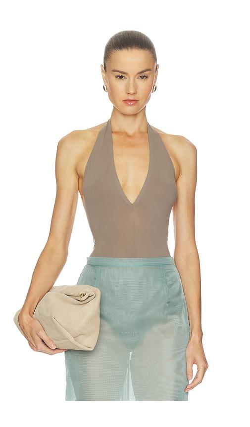 commando x revolve ballet deep plunge halter bodysuit in taupe.