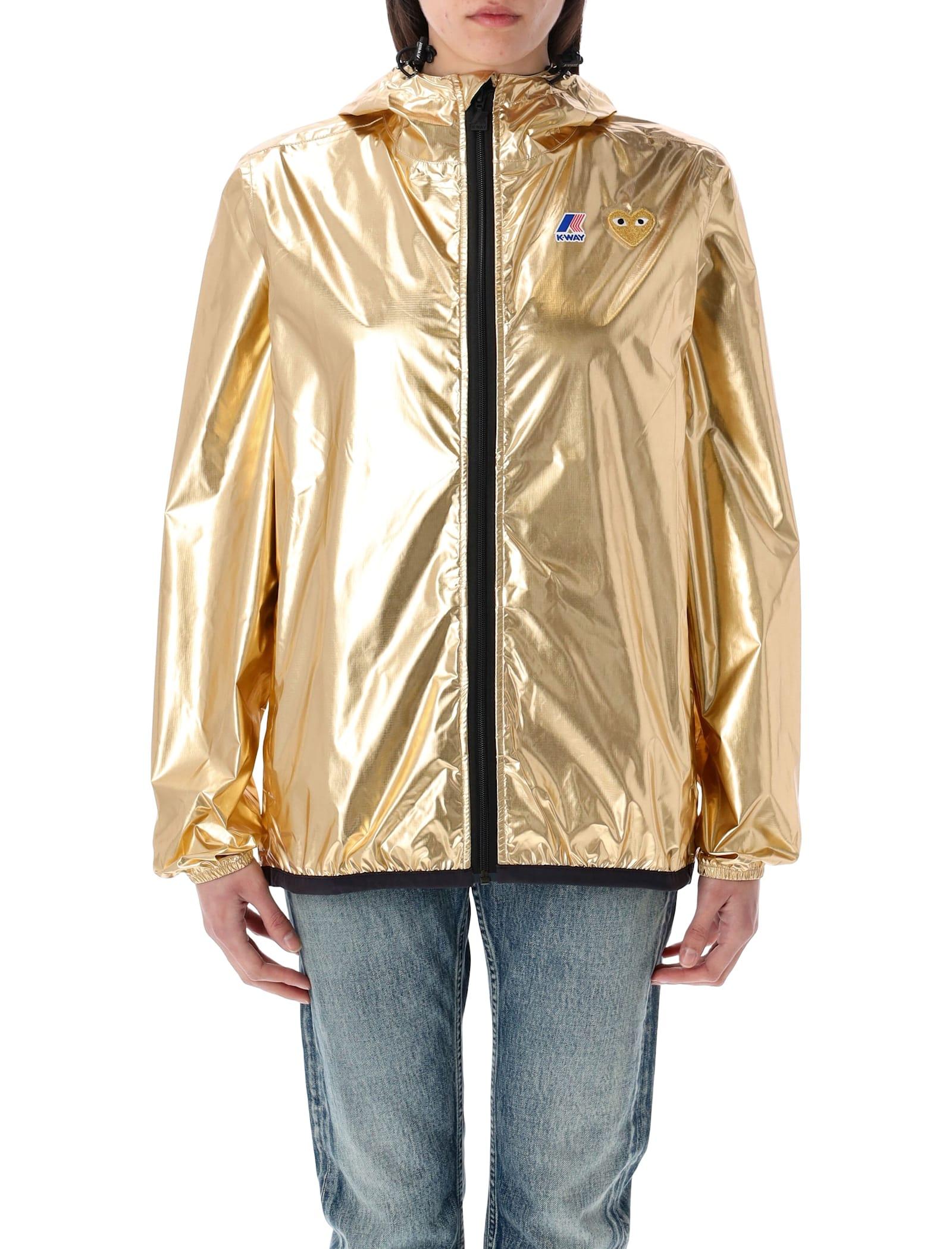comme des garçons play gold metallic packable hooded k-way jacket