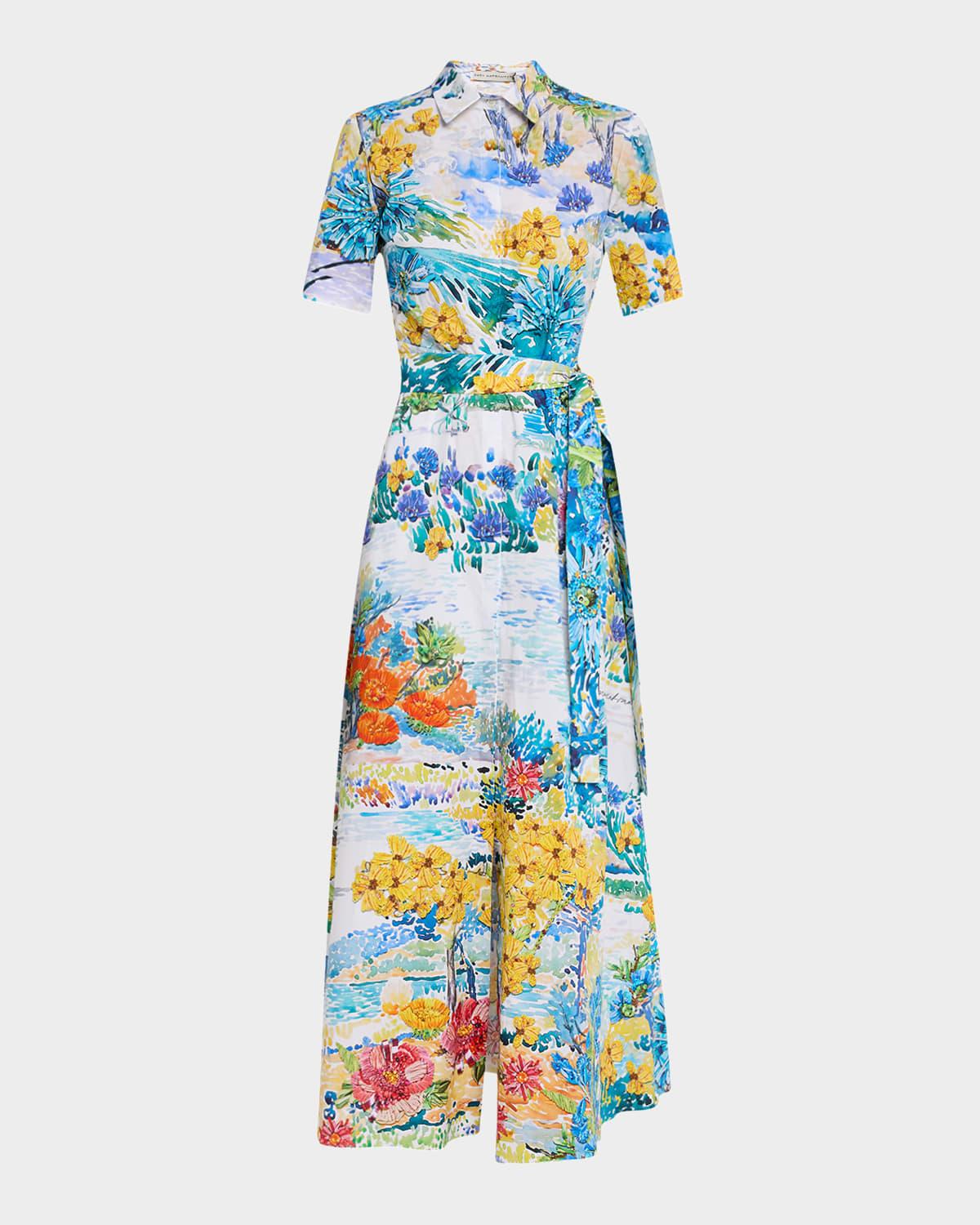 como printed short-sleeve belted midi shirtdress