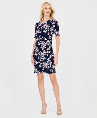 connected petite floral faux wrap elbow sleeve dress