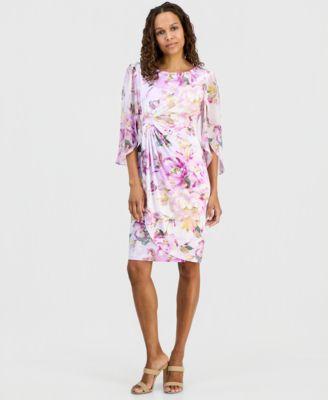 connected petite floral gathered front cape sleeve dress