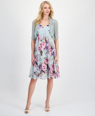 connected womens 2 pc. floral chiffon sleeveless dress ruffle front jacket
