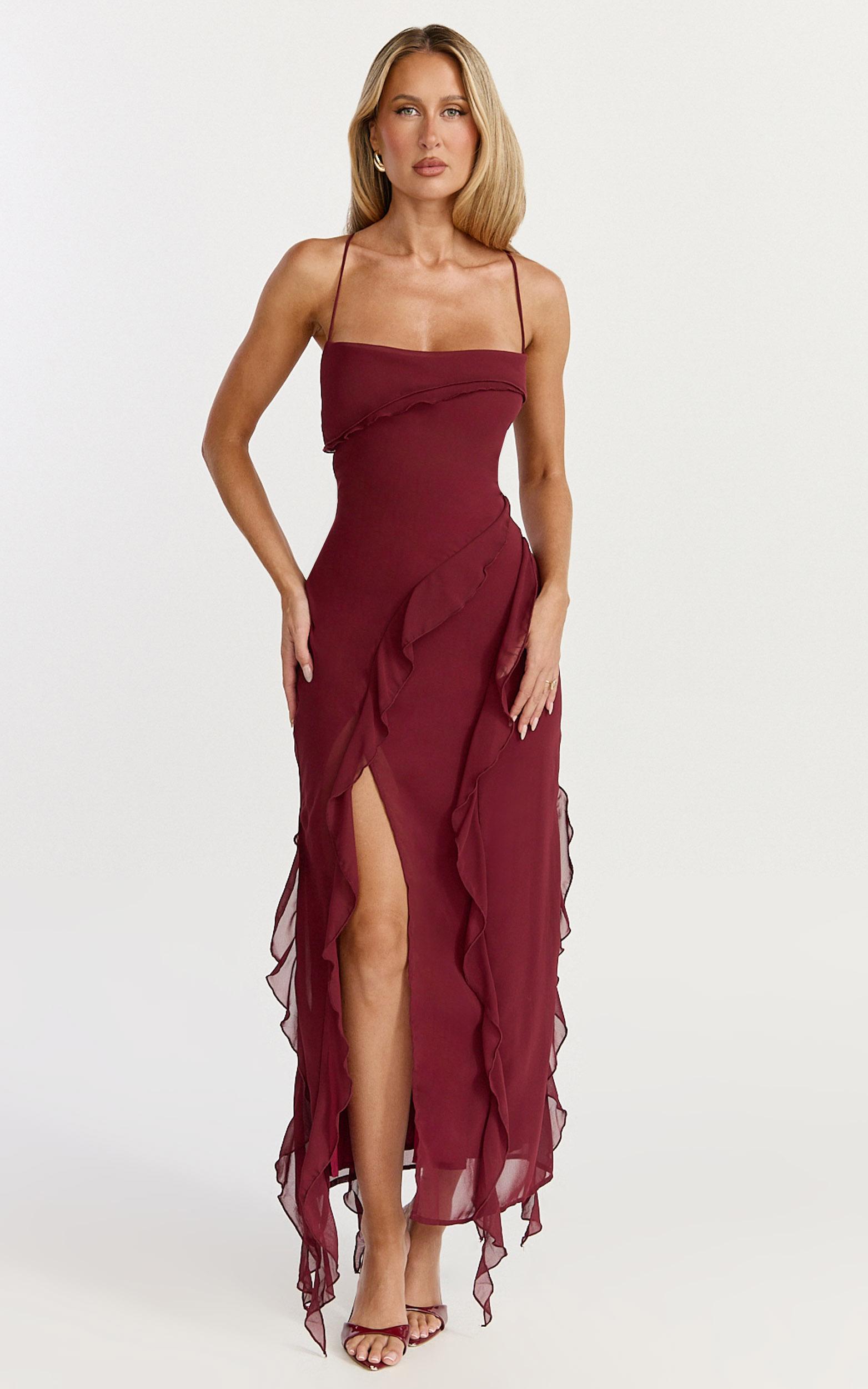 connie midi dress - ruffle detail dress in wine