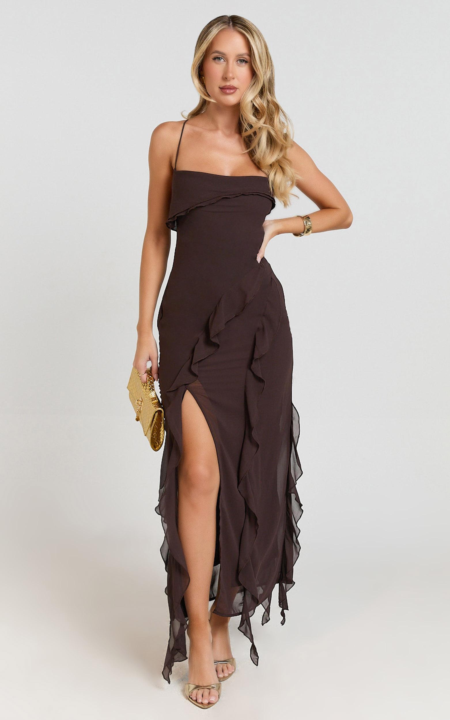 connie midi dress- ruffle detail dress in chocolate