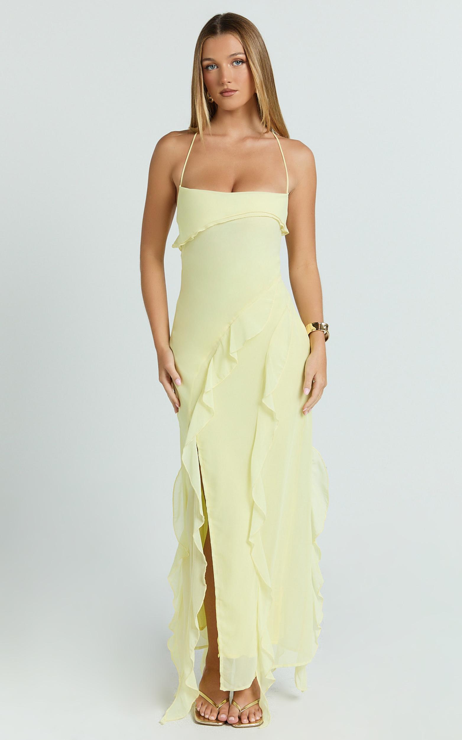 connie midi dress- ruffle detail dress in lemon