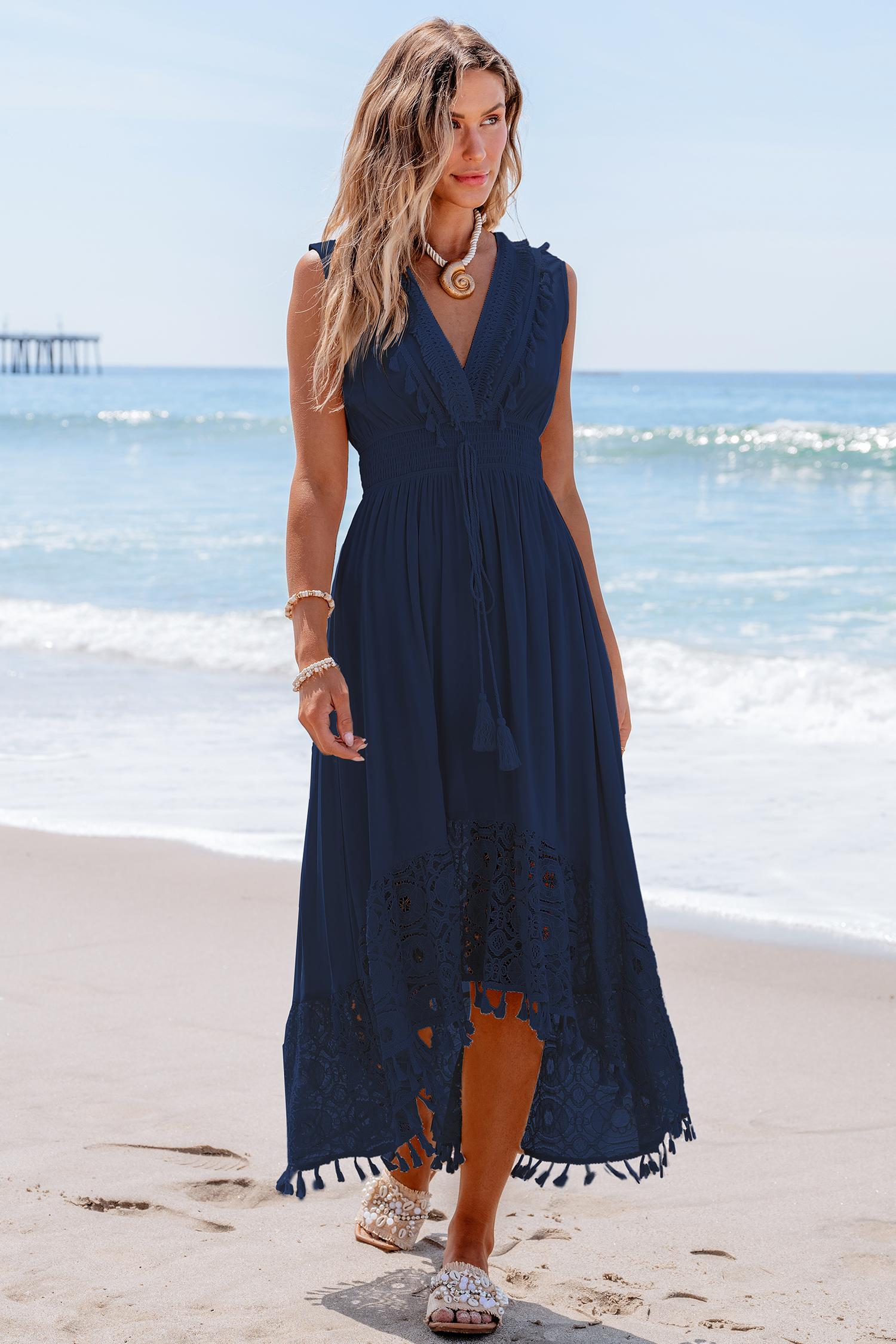 contrast lace tassel midi dress - l