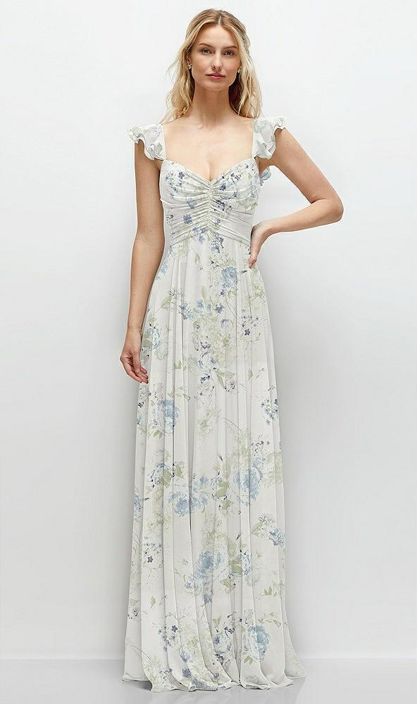 convertible ruffle strap chiffon maxi dress with full circle skirt