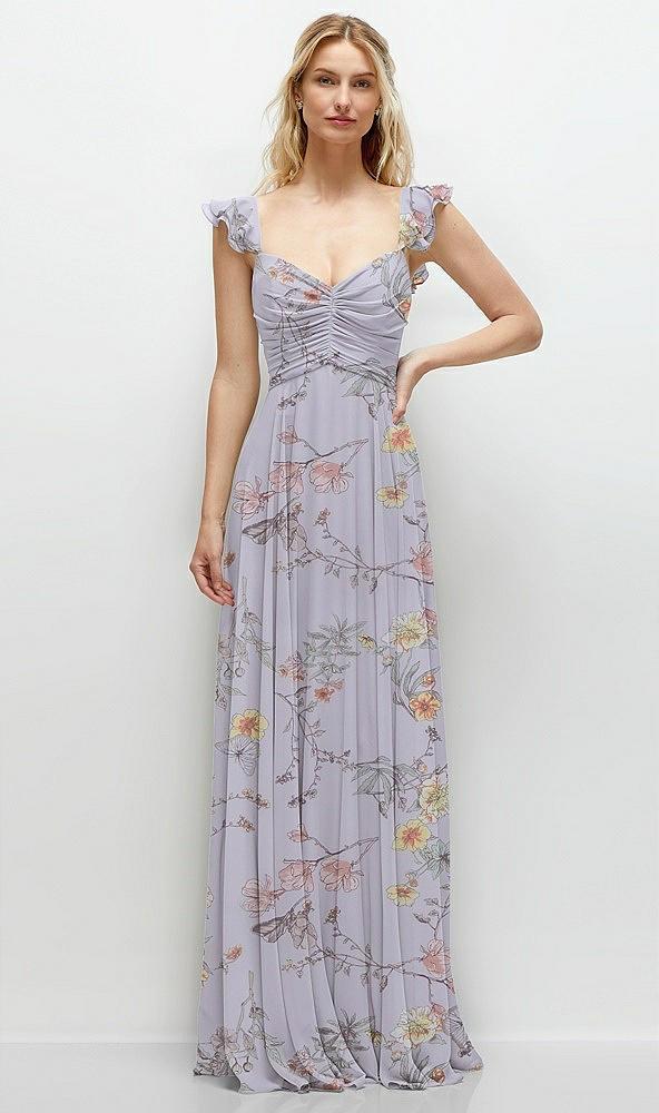 convertible ruffle strap chiffon maxi dress with full circle skirt