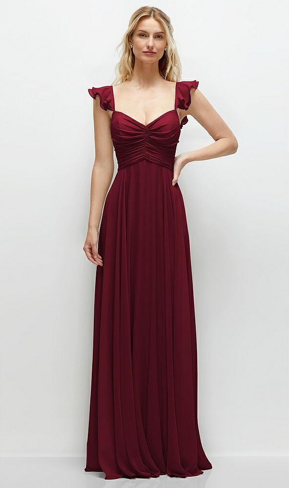 convertible ruffle strap chiffon maxi dress with full circle skirt